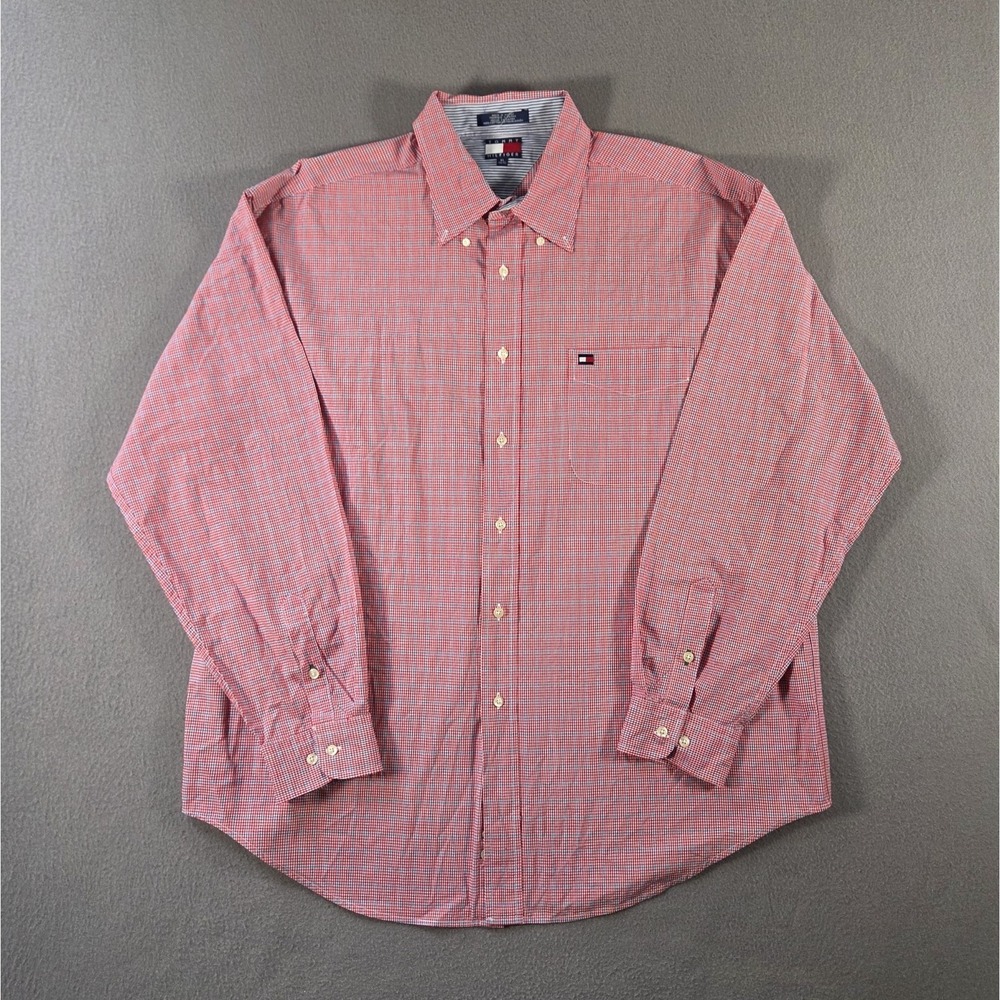 Tommy Hilfiger Shirt Mens XL Red Plaid Flag Long Sleeve Button Down Oxford